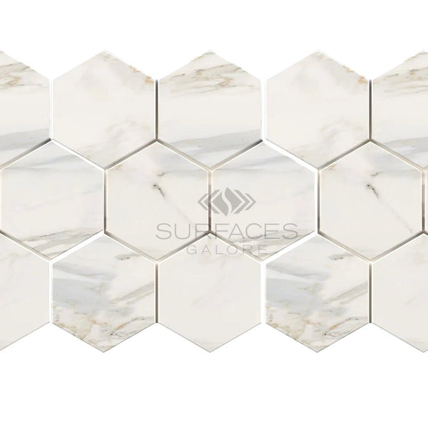 Calacatta Gold Italian Premium 5X5 Hexagon Mosaic Marble Tile Polished - Honed - SurfacesGalorePolished