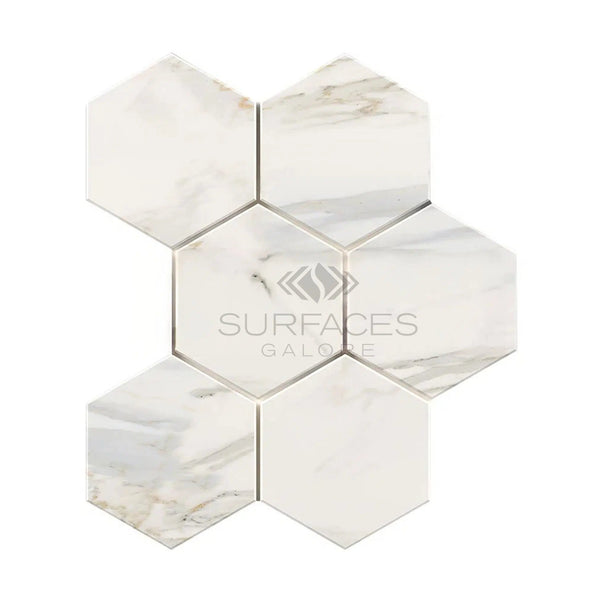 Calacatta Gold Italian Premium 5X5 Hexagon Mosaic Marble Tile Polished - Honed - SurfacesGalorePolished