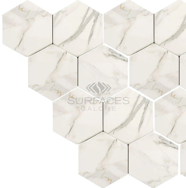 Calacatta Gold Italian Premium 6X6 Hexagon Mosaic Marble Tile Polished - Honed - SurfacesGalorePolished