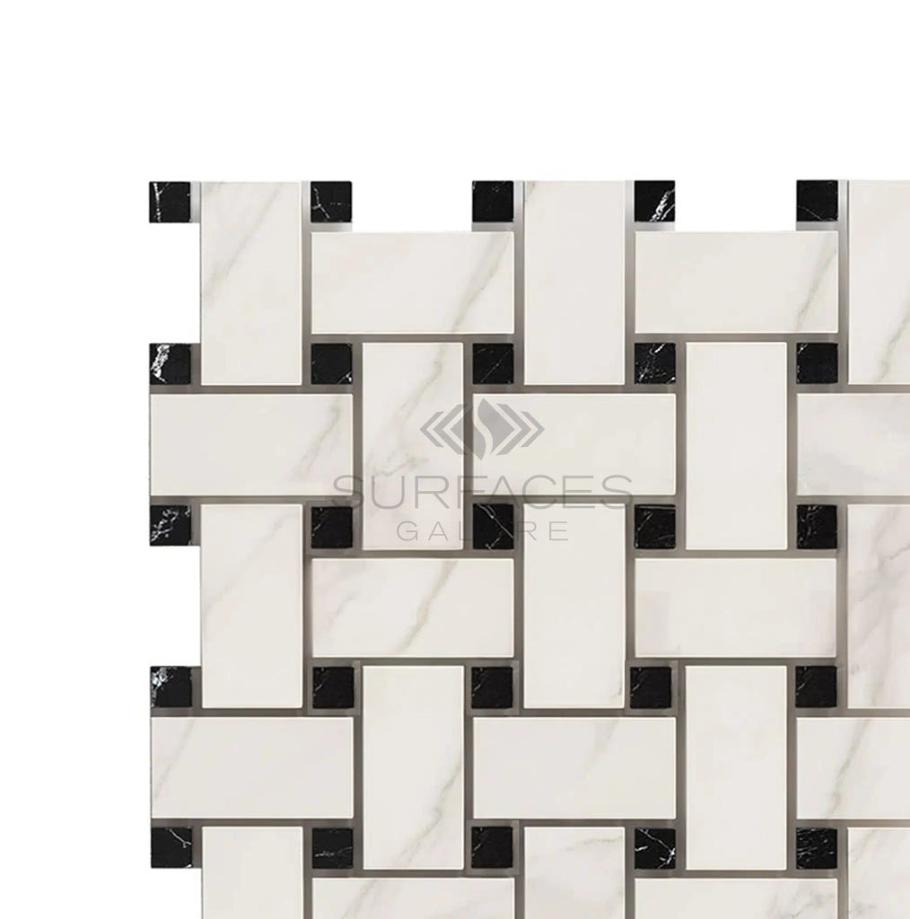 Calacatta Gold Italian Premium Basketweave Mosaic (w/Black - (LARGE)) Mosaic Marble Tile Polished - Honed - SurfacesGalorePolished