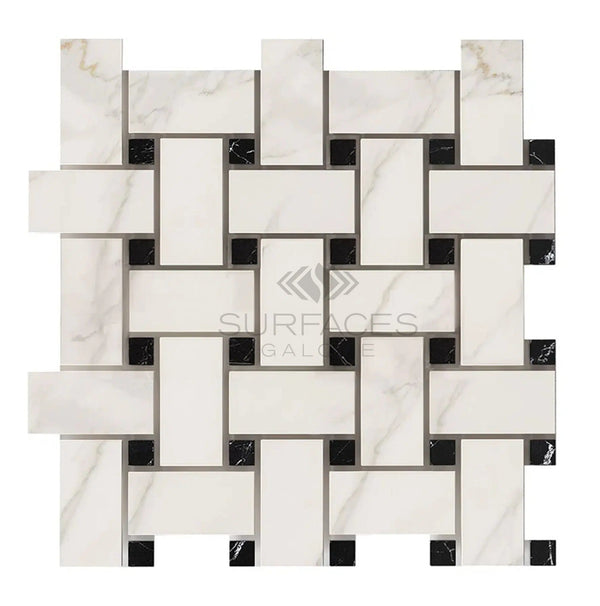 Calacatta Gold Italian Premium Basketweave Mosaic (w/Black - (LARGE)) Mosaic Marble Tile Polished - Honed - SurfacesGalorePolished