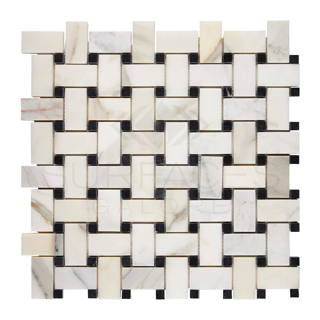 Calacatta Gold Italian Premium Basketweave Mosaic (w/Black) Mosaic Marble Tile Polished - Honed - SurfacesGalorePolished