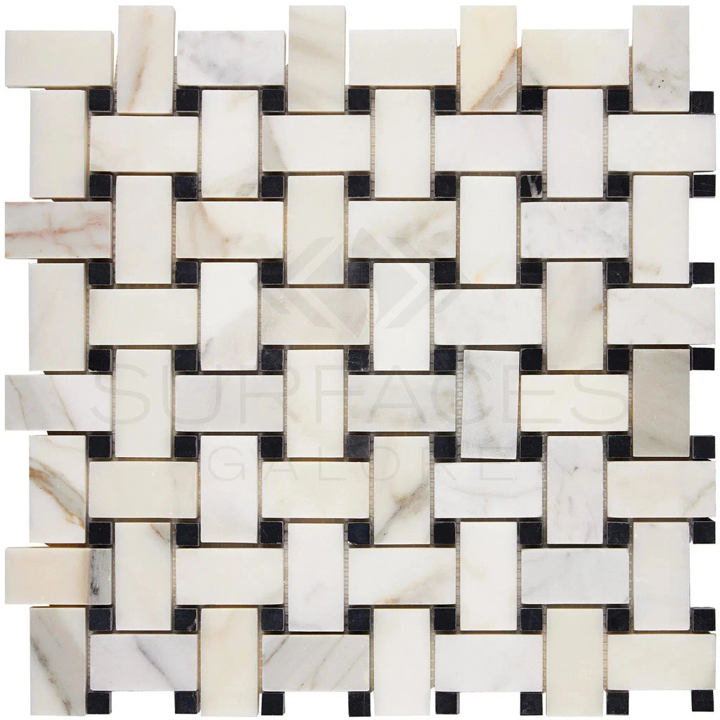 Calacatta Gold Italian Premium Basketweave Mosaic (w/Black) Mosaic Marble Tile Polished - Honed - SurfacesGalorePolished