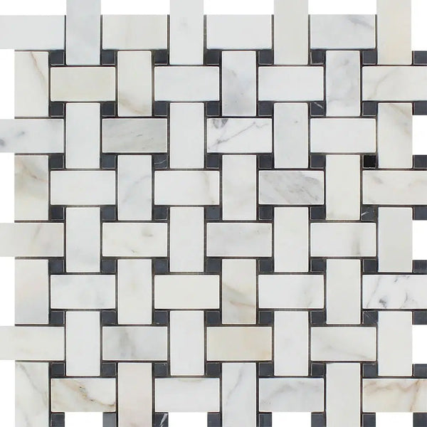 Calacatta Gold Italian Premium Basketweave Mosaic (w/Black) Mosaic Marble Tile Polished - Honed - SurfacesGalorePolished