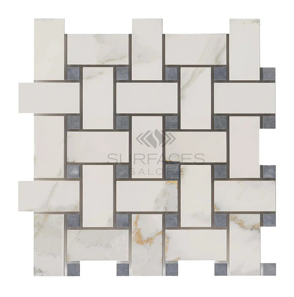 Calacatta Gold Italian Premium Basketweave Mosaic (w/Blue - Gray - (LARGE)) Mosaic Marble Tile Polished - Honed - SurfacesGalorePolished