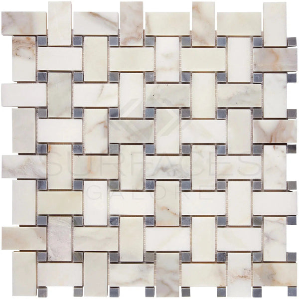 Calacatta Gold Italian Premium Basketweave Mosaic (w/Blue - Gray) Mosaic Marble Tile Polished - Honed - SurfacesGalorePolished