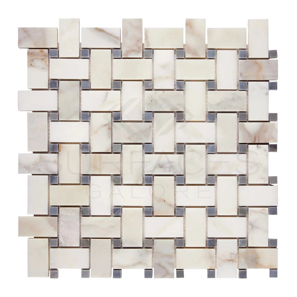 Calacatta Gold Italian Premium Basketweave Mosaic (w/Blue - Gray) Mosaic Marble Tile Polished - Honed - SurfacesGalorePolished