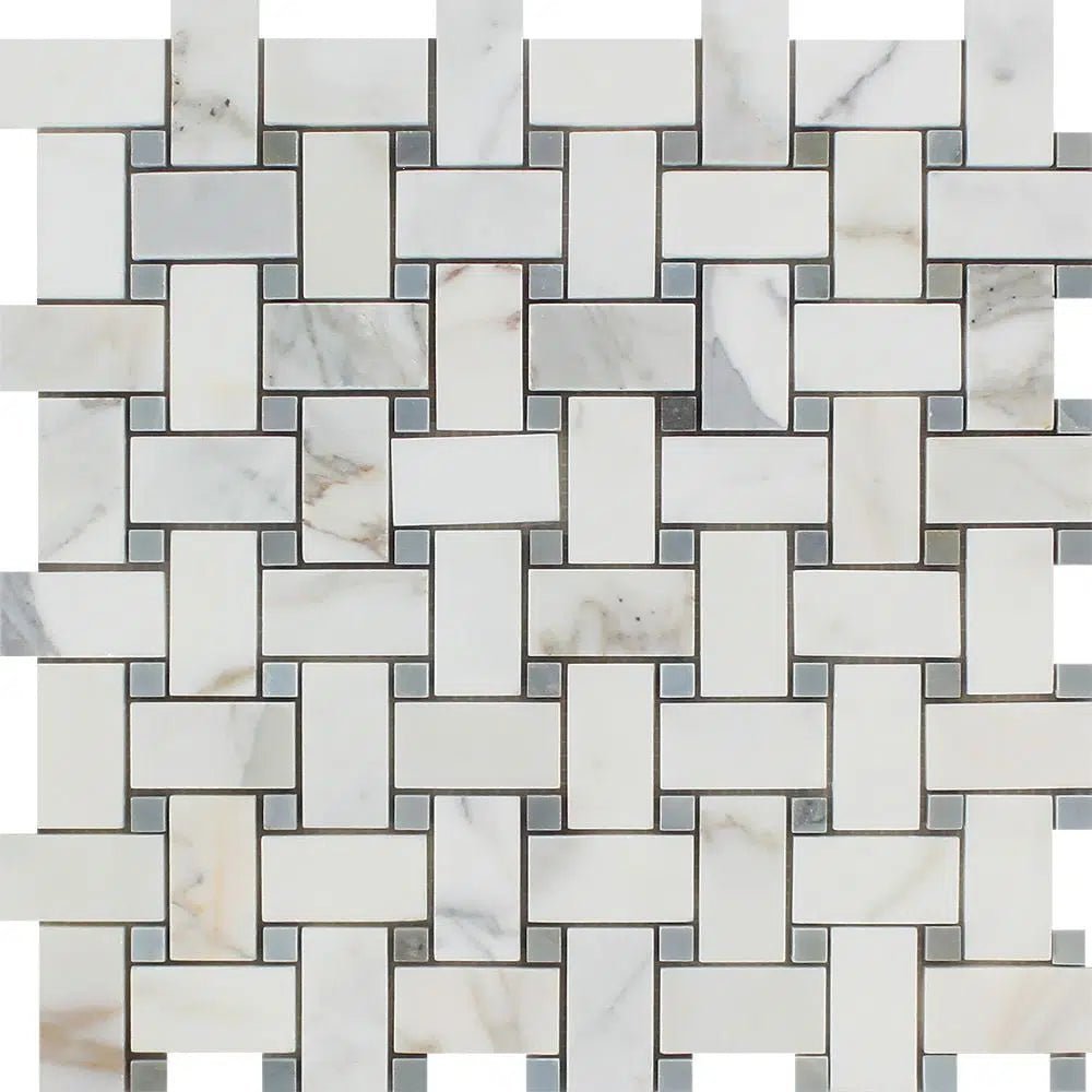 Calacatta Gold Italian Premium Basketweave Mosaic (w/Blue - Gray) Mosaic Marble Tile Polished - Honed - SurfacesGalorePolished