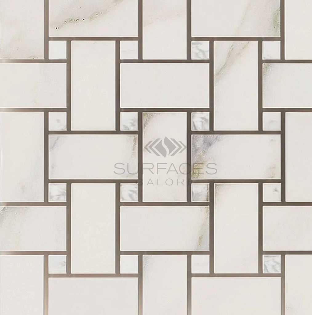 Calacatta Gold Italian Premium Basketweave Mosaic (w/Calacatta Gold - (LARGE)) Mosaic Marble Tile Polished - Honed - SurfacesGalorePolished