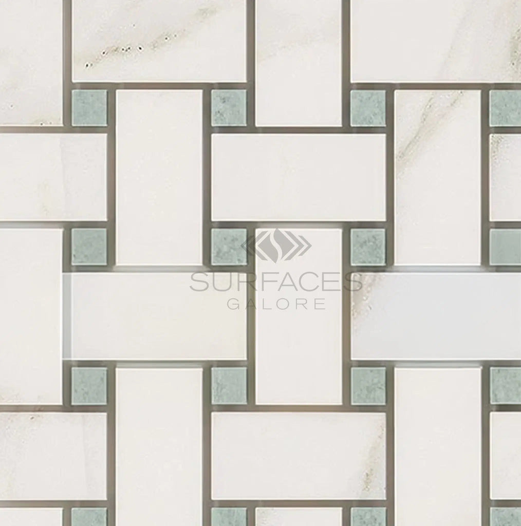 Calacatta Gold Italian Premium Basketweave Mosaic (w/Ming - Green - (LARGE)) Mosaic Marble Tile Polished - Honed - SurfacesGalorePolished