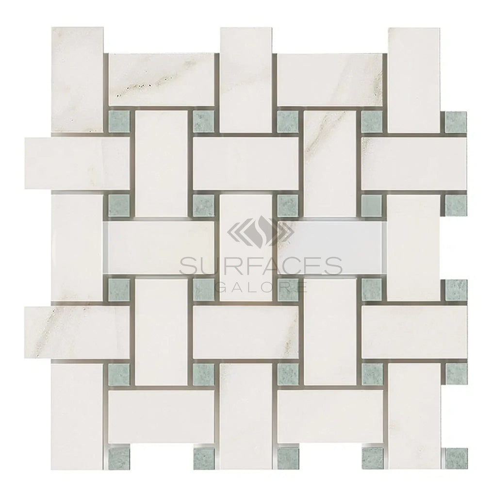 Calacatta Gold Italian Premium Basketweave Mosaic (w/Ming - Green - (LARGE)) Mosaic Marble Tile Polished - Honed - SurfacesGalorePolished