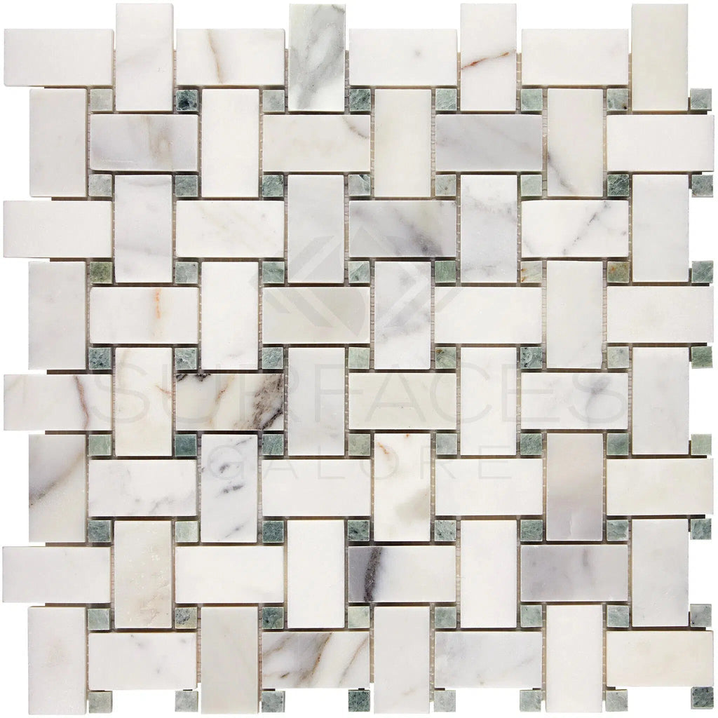 Calacatta Gold Italian Premium Basketweave Mosaic (w/Ming - Green) Mosaic Marble Tile Polished - Honed - SurfacesGalorePolished