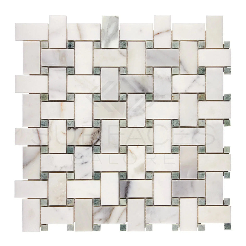 Calacatta Gold Italian Premium Basketweave Mosaic (w/Ming - Green) Mosaic Marble Tile Polished - Honed - SurfacesGalorePolished