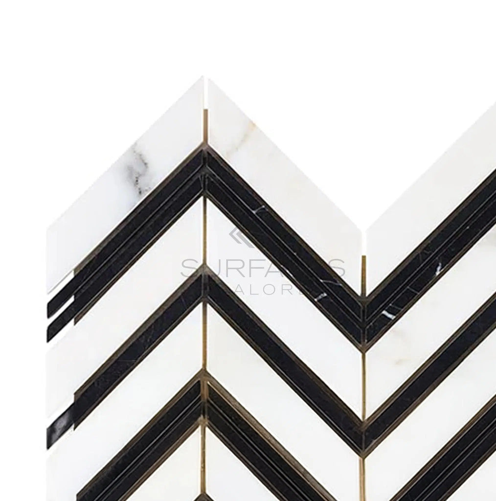 Calacatta Gold Italian Premium Chevron (LARGE) (w/ Black) Mosaic Marble Tile Polished - Honed - SurfacesGalorePolished