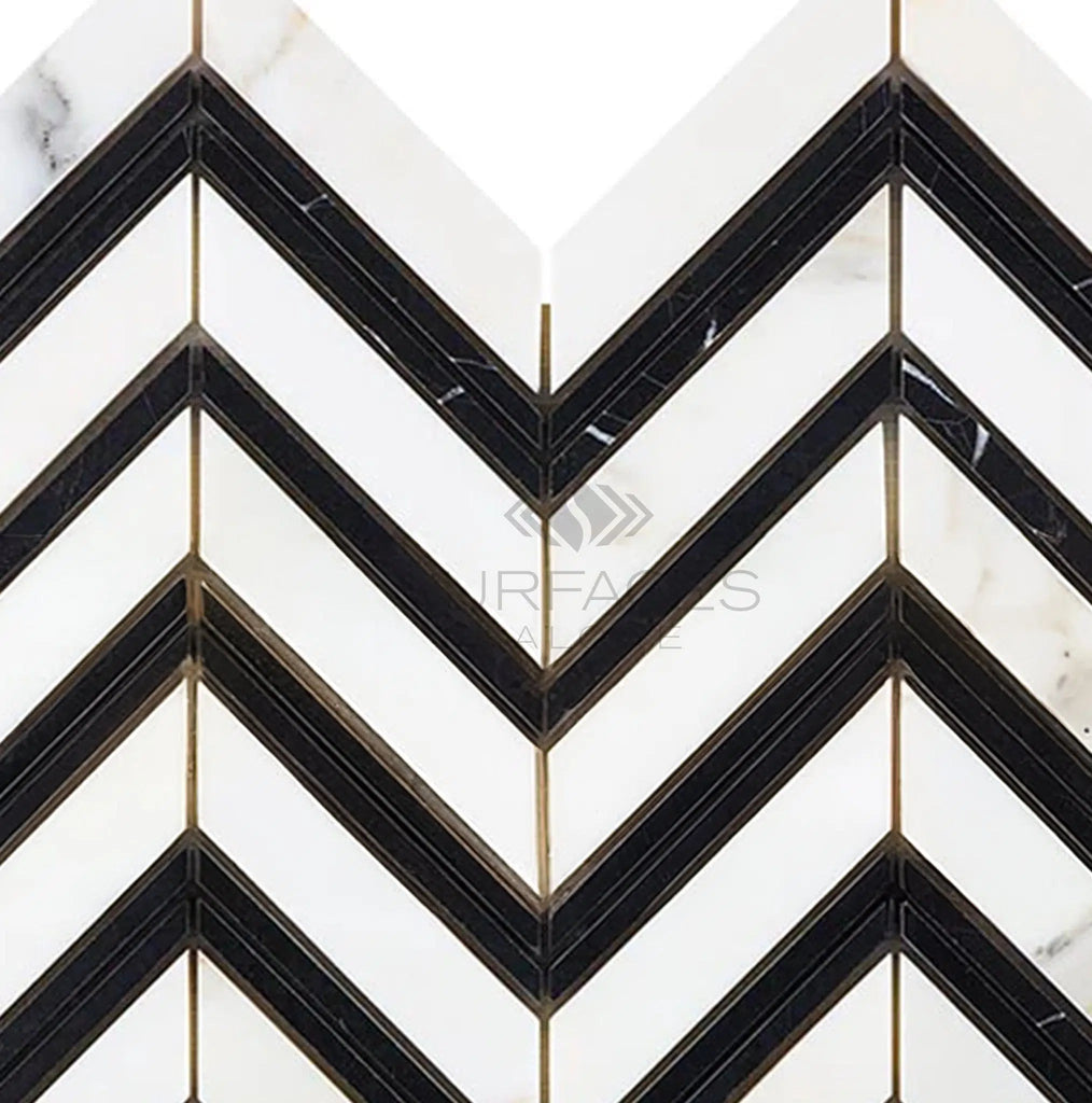 Calacatta Gold Italian Premium Chevron (LARGE) (w/ Black) Mosaic Marble Tile Polished - Honed - SurfacesGalorePolished