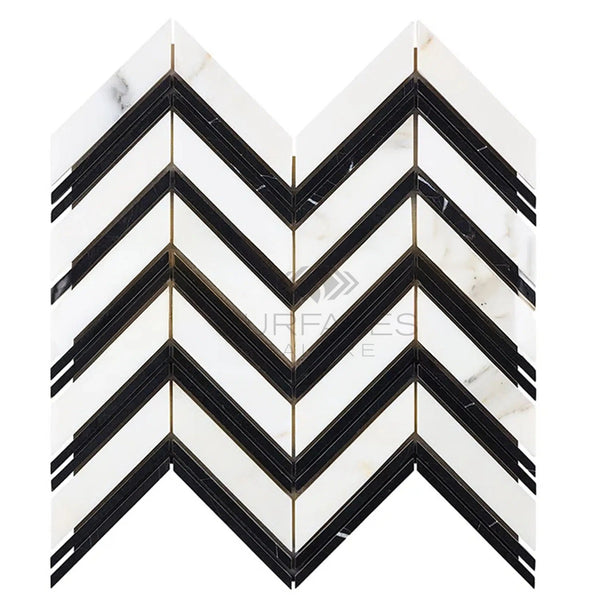 Calacatta Gold Italian Premium Chevron (LARGE) (w/ Black) Mosaic Marble Tile Polished - Honed - SurfacesGalorePolished