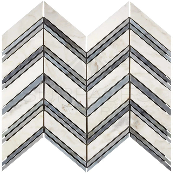 Calacatta Gold Italian Premium Chevron (LARGE) (w/Blue - Gray) Mosaic Marble Tile Polished - Honed - SurfacesGalorePolished