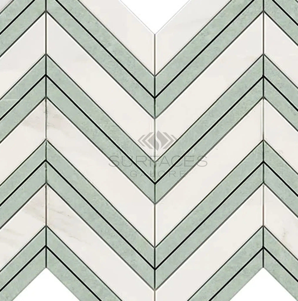 Calacatta Gold Italian Premium Chevron (LARGE) (w/Ming - Green) Mosaic Marble Tile Polished - Honed - SurfacesGalorePolished