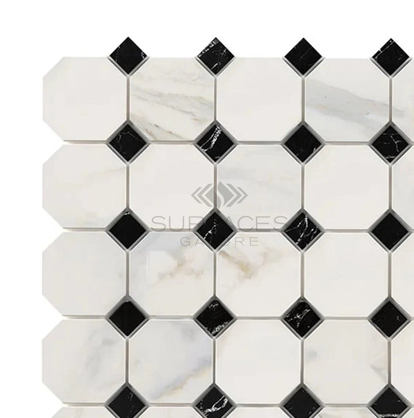 Calacatta Gold Italian Premium Octagon (w/Black) Mosaic Marble Tile Polished - Honed - SurfacesGalorePolished