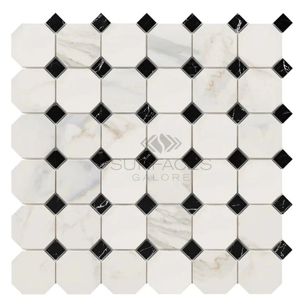 Calacatta Gold Italian Premium Octagon (w/Black) Mosaic Marble Tile Polished - Honed - SurfacesGalorePolished