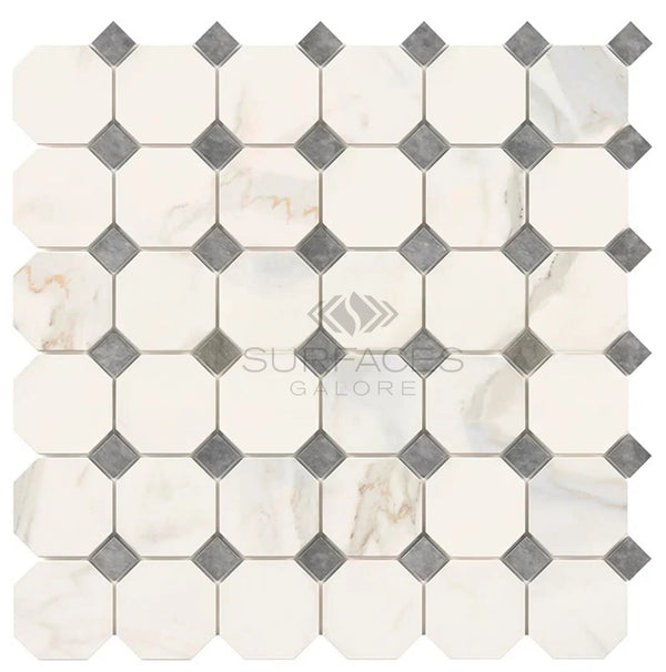 Calacatta Gold Italian Premium Octagon (w/Blue - Gray) Mosaic Marble Tile Polished - Honed - SurfacesGalorePolished