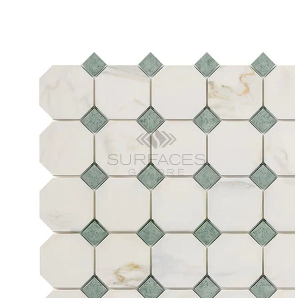 Calacatta Gold Italian Premium Octagon (w/Ming - Green) Mosaic Marble Tile Polished - Honed - SurfacesGalorePolished