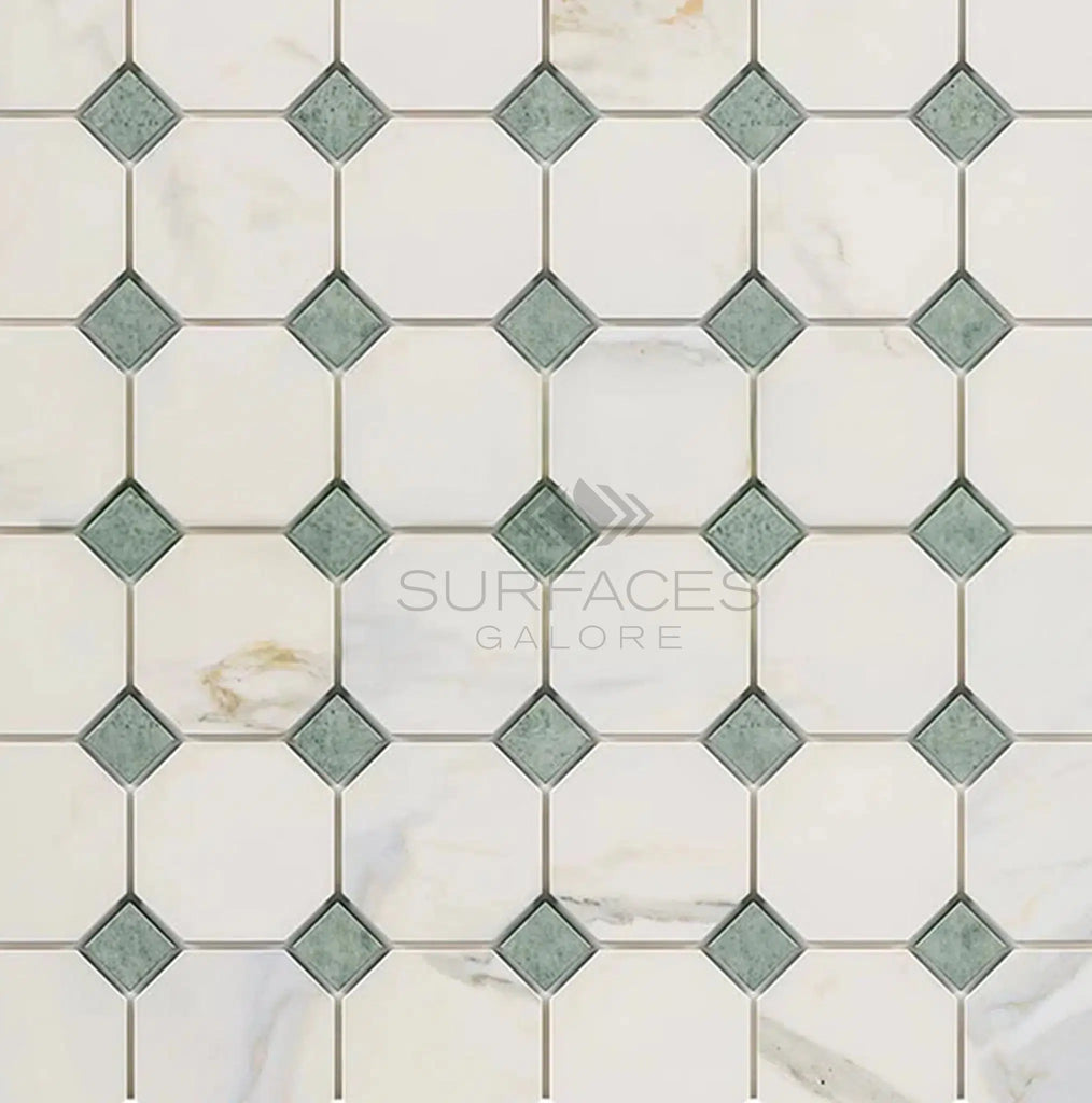 Calacatta Gold Italian Premium Octagon (w/Ming - Green) Mosaic Marble Tile Polished - Honed - SurfacesGalorePolished