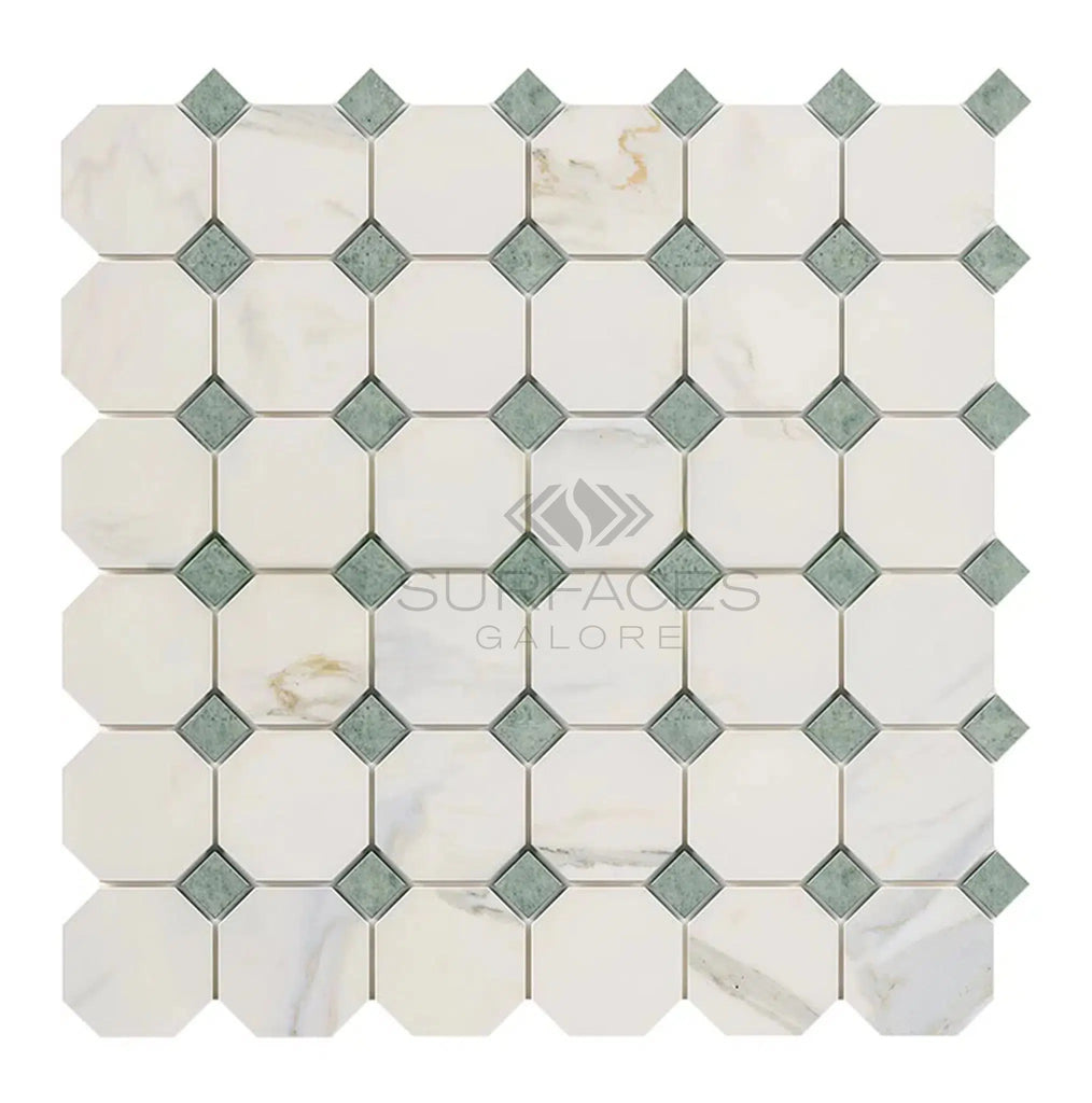 Calacatta Gold Italian Premium Octagon (w/Ming - Green) Mosaic Marble Tile Polished - Honed - SurfacesGalorePolished