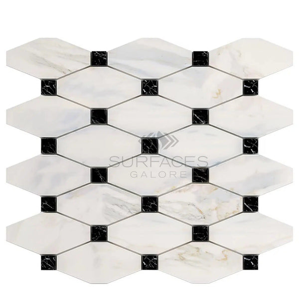 Calacatta Gold Italian Premium Octave (Long Octagon) (w/ Black) Mosaic Marble Tile Polished - Honed - SurfacesGalorePolished