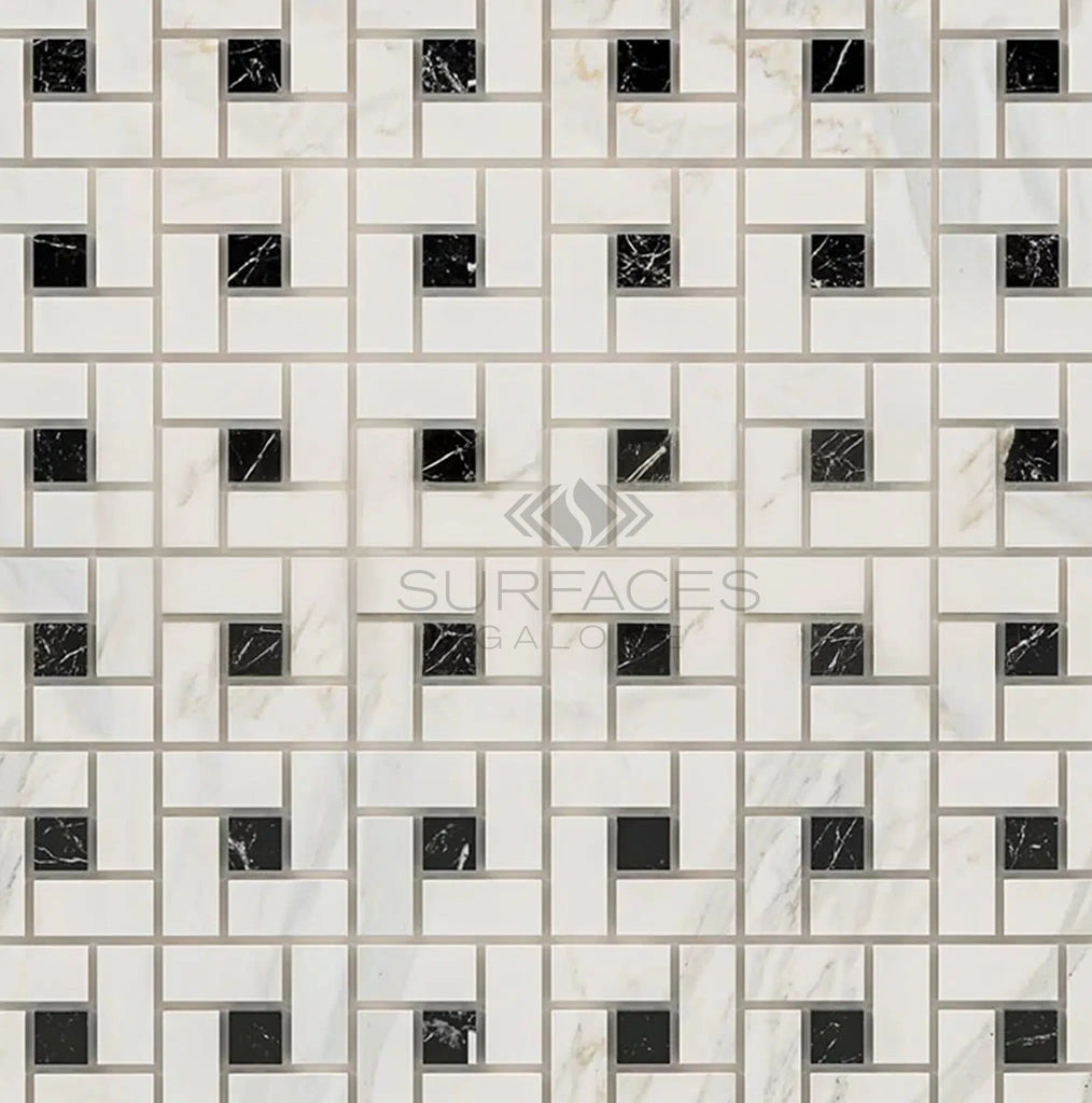 Calacatta Gold Italian Premium Pinwheel (w/Black) Mosaic Marble Tile Polished - Honed - SurfacesGalorePolished