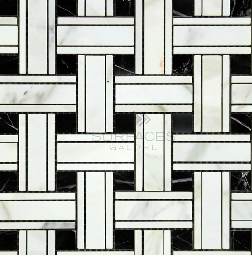 Calacatta Gold Italian Premium Triple - Weave (w/Black) Mosaic Marble Tile Polished - Honed - SurfacesGalorePolished