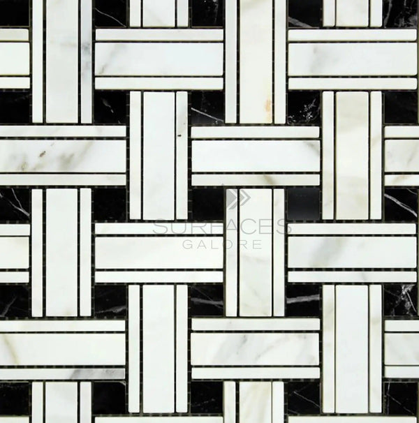 Calacatta Gold Italian Premium Triple - Weave (w/Black) Mosaic Marble Tile Polished - Honed - SurfacesGalorePolished