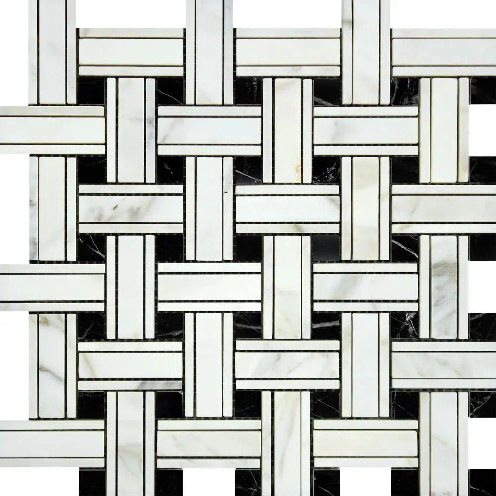 Calacatta Gold Italian Premium Triple - Weave (w/Black) Mosaic Marble Tile Polished - Honed - SurfacesGalorePolished