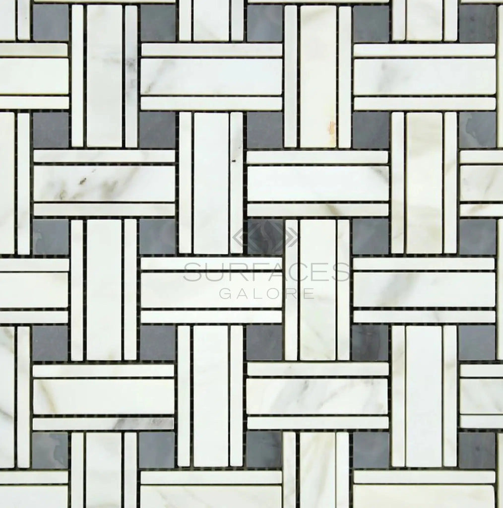 Calacatta Gold Italian Premium Triple - Weave (w/Blue - Gray) Mosaic Marble Tile Polished - Honed - SurfacesGalorePolished