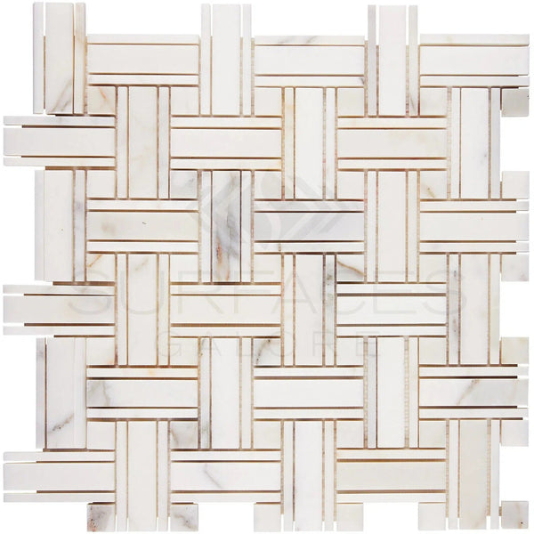 Calacatta Gold Italian Premium Triple - Weave (w/Calacatta Gold) Mosaic Marble Tile Polished - Honed - SurfacesGalorePolished