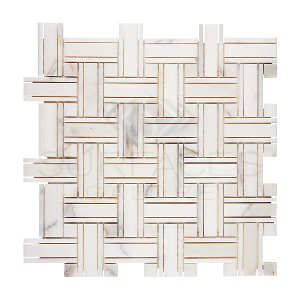 Calacatta Gold Italian Premium Triple - Weave (w/Calacatta Gold) Mosaic Marble Tile Polished - Honed - SurfacesGalorePolished