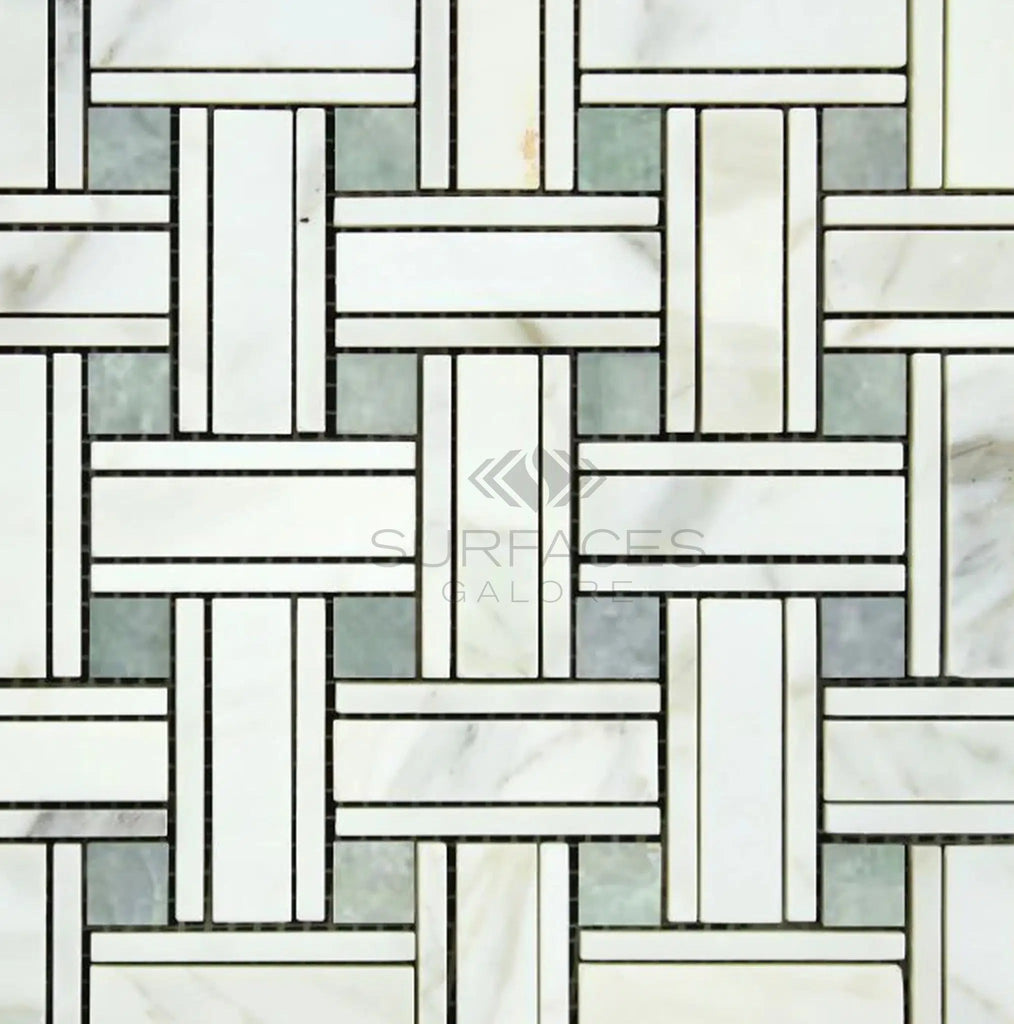 Calacatta Gold Italian Premium Triple - Weave (w/Ming - Green) Mosaic Marble Tile Polished - Honed - SurfacesGalorePolished