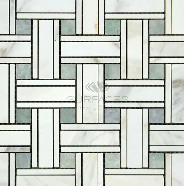 Calacatta Gold Italian Premium Triple - Weave (w/Ming - Green) Mosaic Marble Tile Polished - Honed - SurfacesGalorePolished