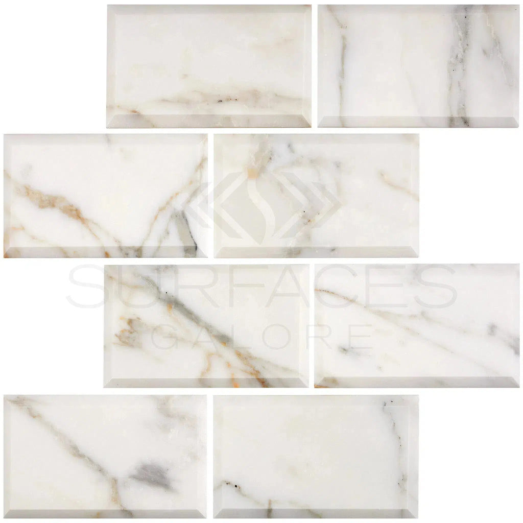 Calacatta Gold Marble 3X6 Deep-Beveled Polished-Honed