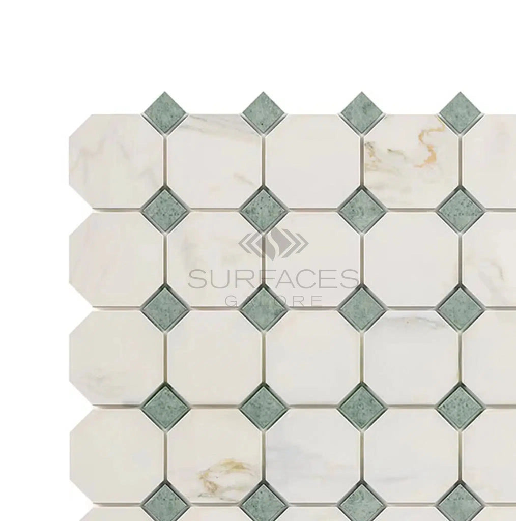 Calacatta Gold Octagon (w/Ming-Green) Mosaic Marble Tile Polished-Honed