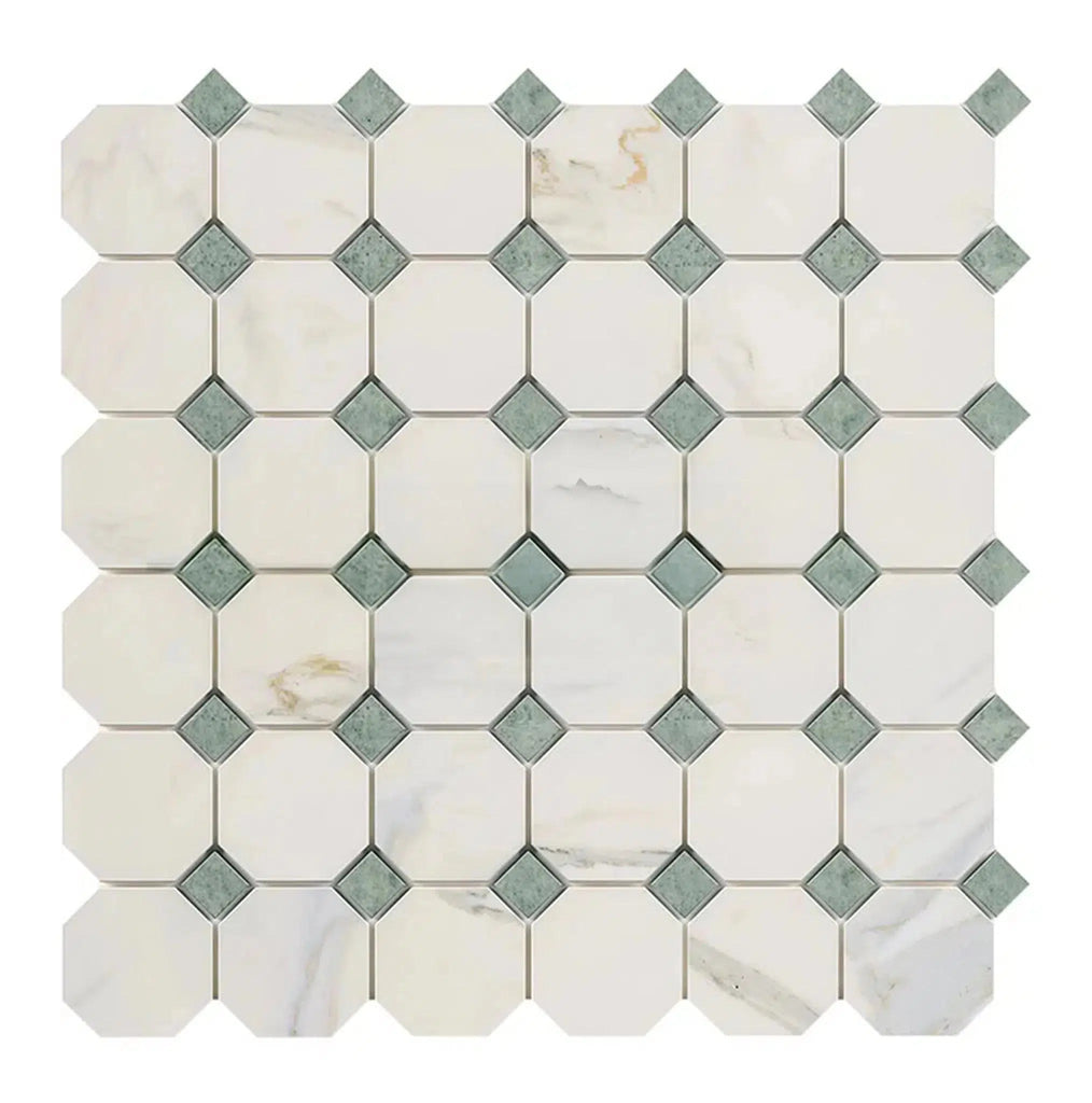 Calacatta Gold Octagon (w/Ming-Green) Mosaic Marble Tile Polished-Honed