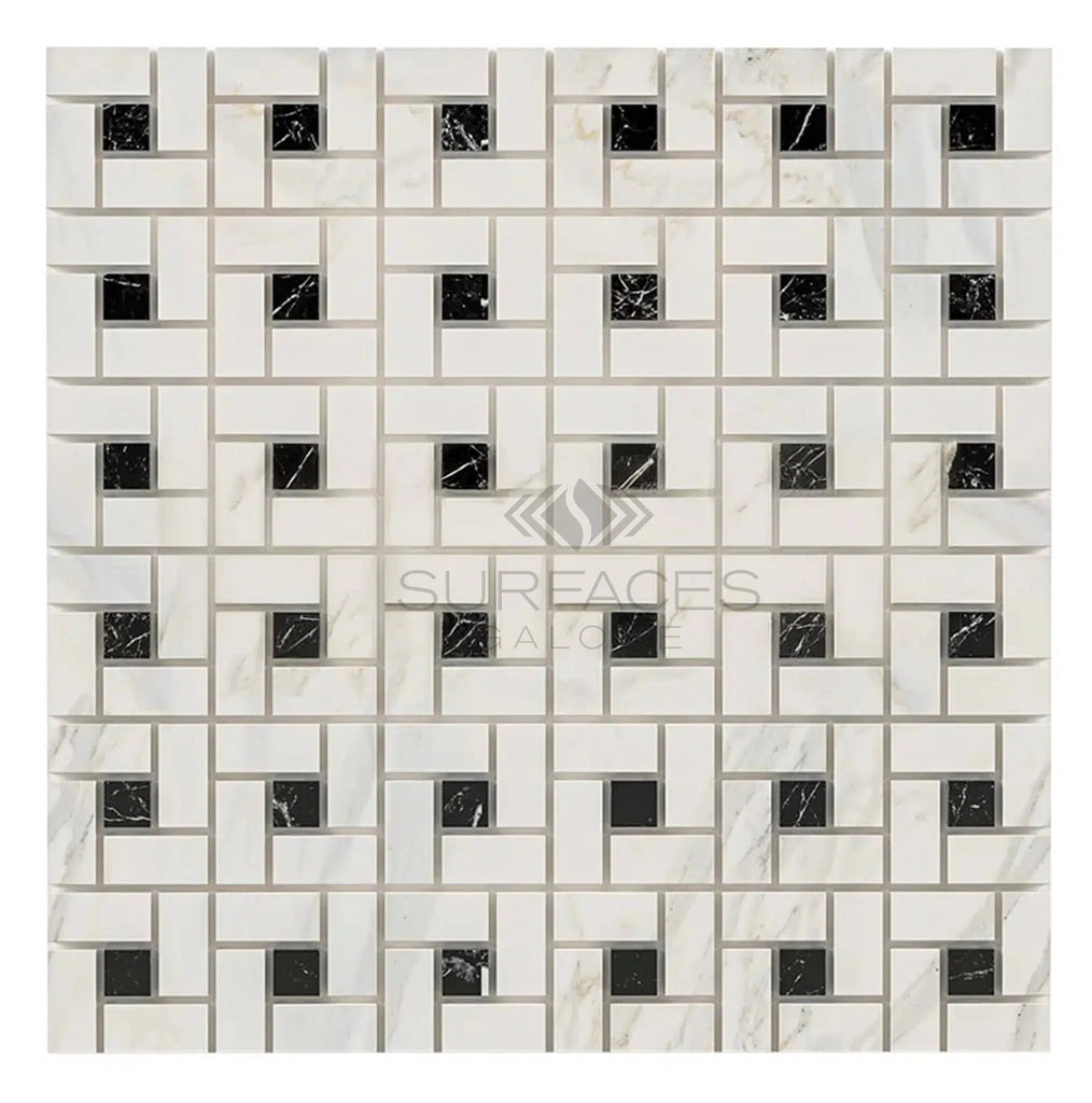 Calacatta Gold Pinwheel (w/Black) Mosaic Marble Tile Polished-Honed