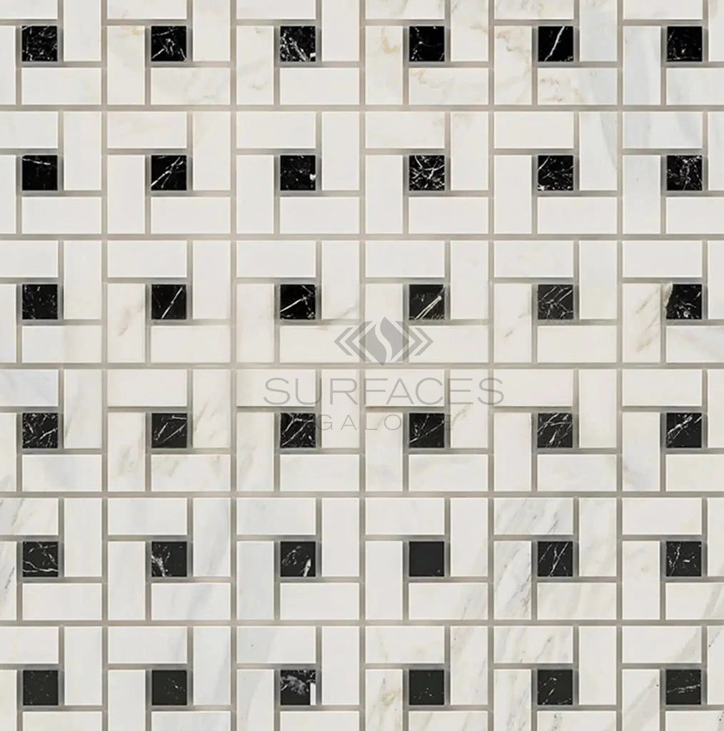 Calacatta Gold Pinwheel (w/Black) Mosaic Marble Tile Polished-Honed