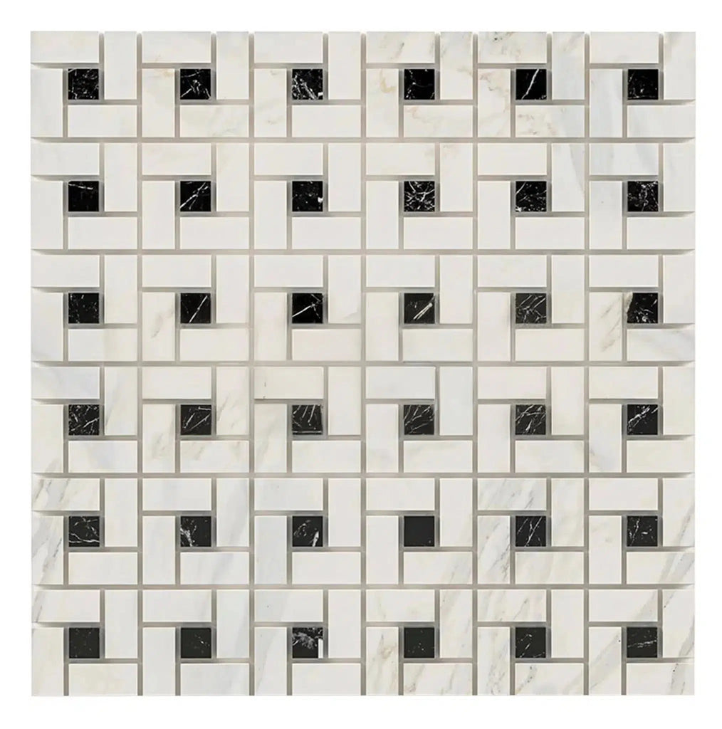 Calacatta Gold Pinwheel (w/Black) Mosaic Marble Tile Polished-Honed