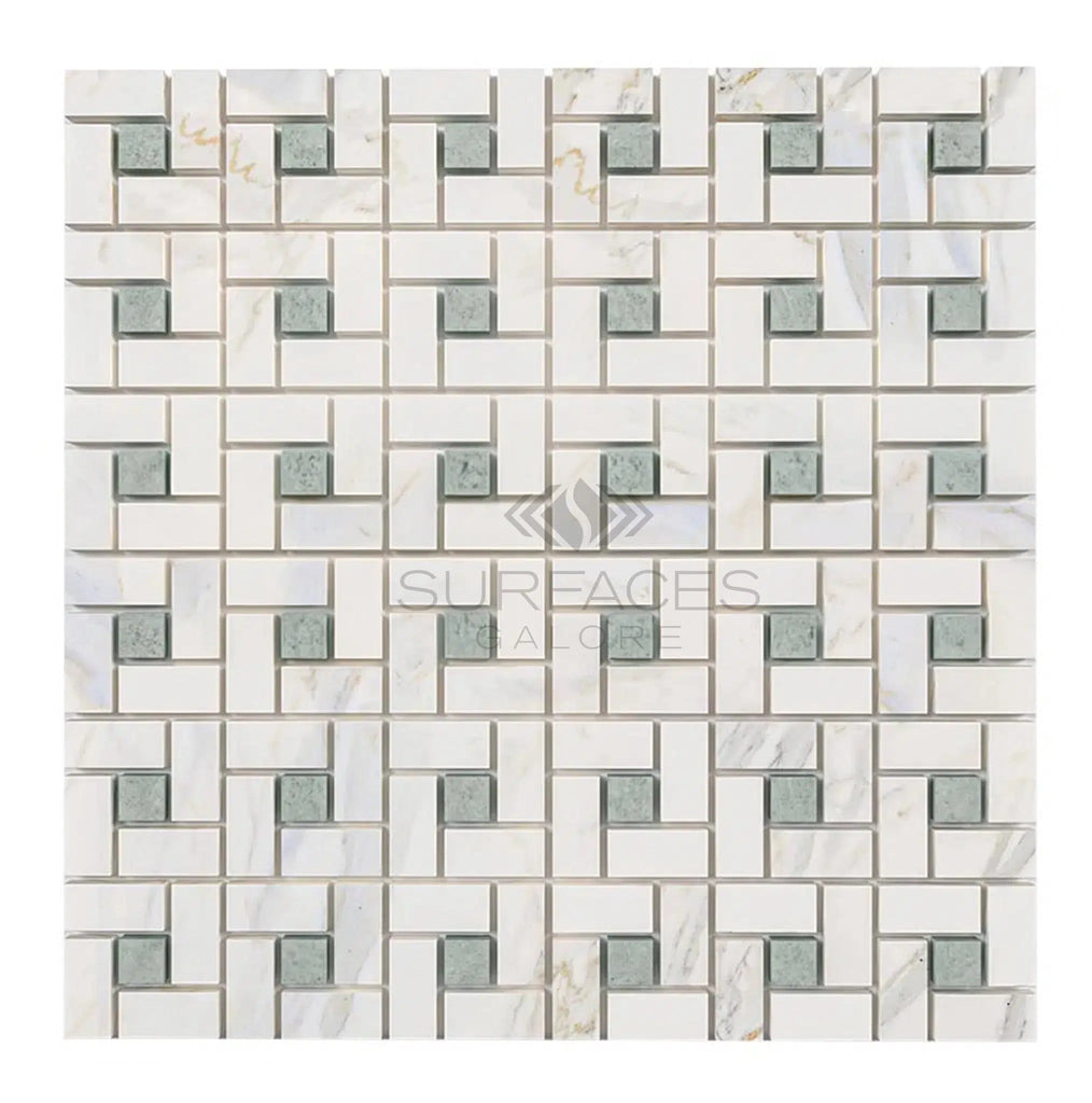 Calacatta Gold Pinwheel (w/Ming-Green) Mosaic Marble Tile Polished-Honed