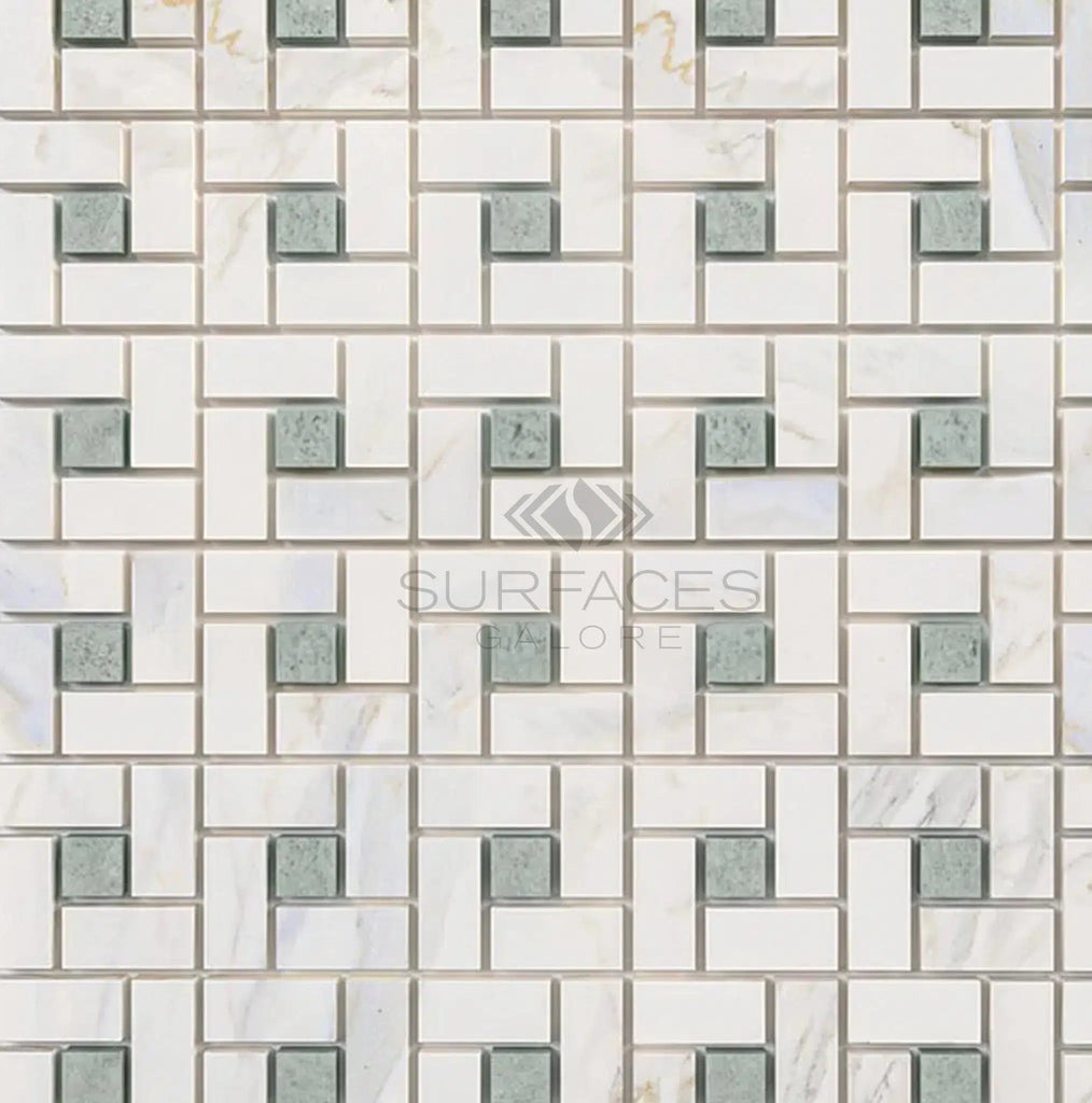 Calacatta Gold Pinwheel (w/Ming-Green) Mosaic Marble Tile Polished-Honed