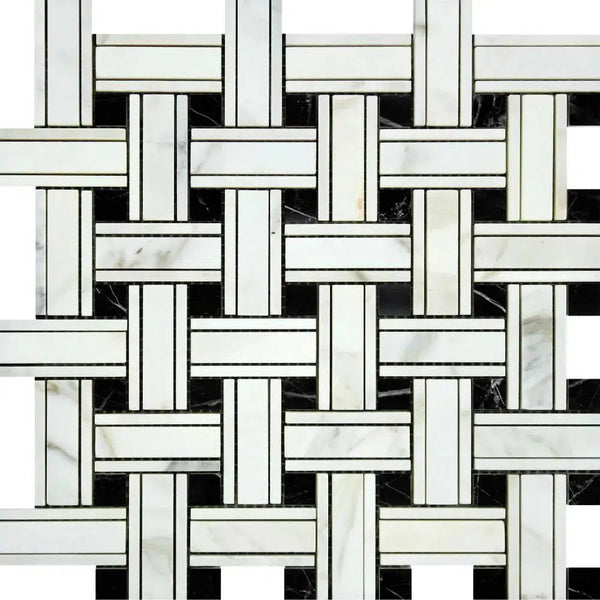 Calacatta Gold Triple-Weave (w/Black) Mosaic Marble Tile Polished-Honed