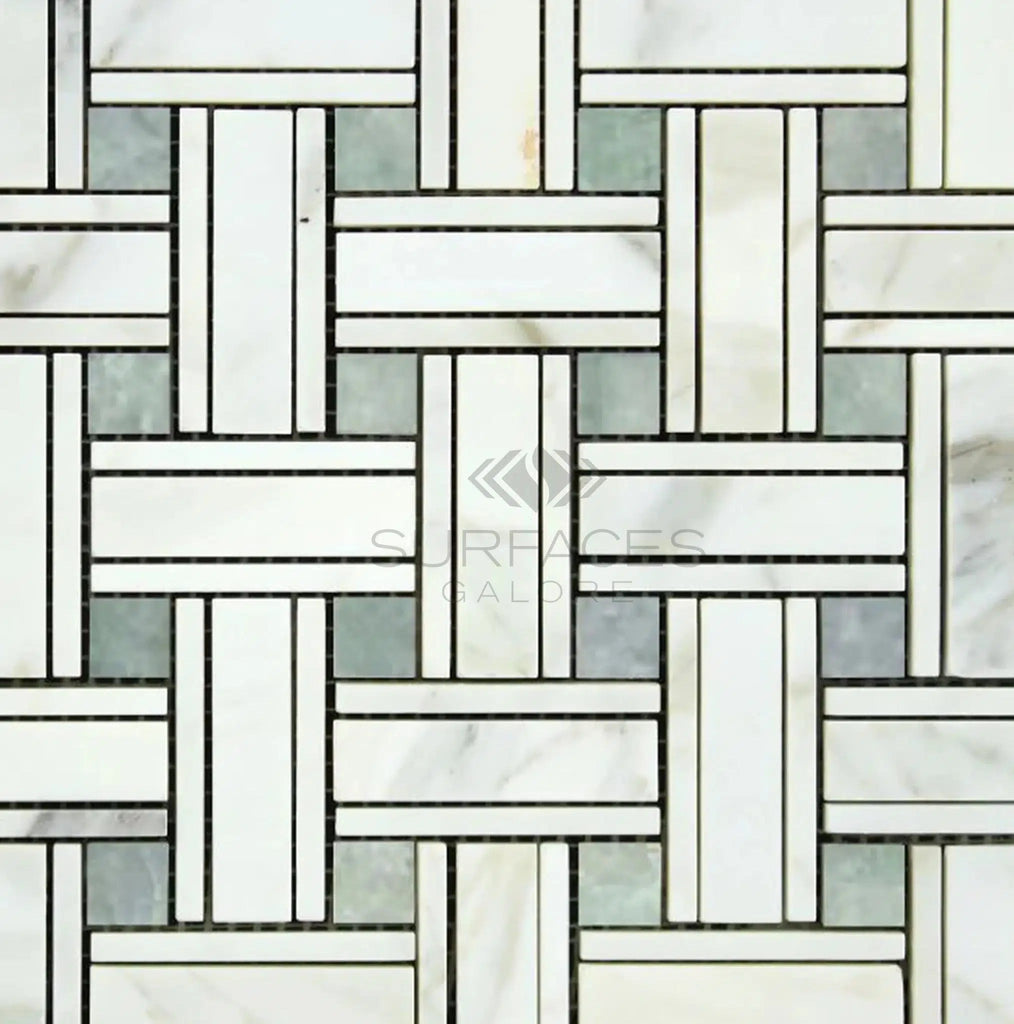 Calacatta Gold Triple-Weave (w/Ming-Green) Mosaic Marble Tile Polished-Honed