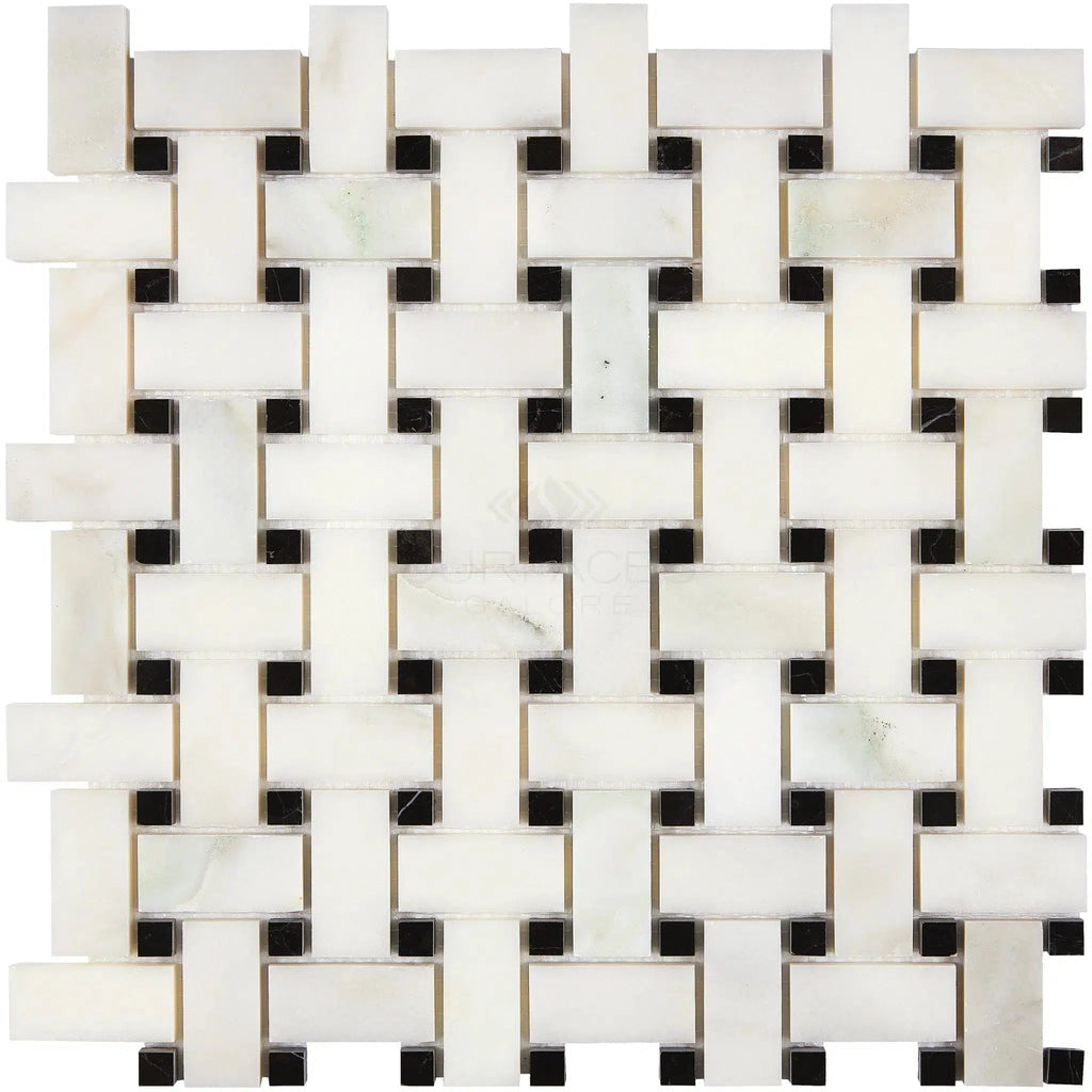 Calacatta Olive Green Marble Basketweave w/ Black Mosaic Tile Polished-Honed