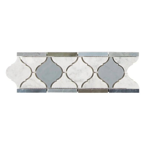 Carrara White 3 7/8X11 5/8 Lantern (Luxury) Border (Carrara w/ Blue-Gray) Polished-Honed